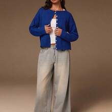 Women's Sapphire Blue Knit Cardigan, Soft Yarn Relaxed Straight Fit Classic Round Neck Drop Shoulder Long Sleeve Minimalist Chic Cardigan For Layering In Spring And Autumn,Bright Blue Knit Button Cardigan,Winter,New Year, Autumn/Winter, Blue Cardigan - Rosa Pálido - Ver 4