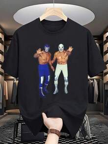 Tienda Local, Camisas de Hombre, Ropa de Hombre, Camisetas Hombre, Camisa de Hombre, Camiseta Lucha Libre 180G Blanca y Negra, Estampado de Luchador, Impresión de Alta Calidad, Cuello Redondo, Corte Holgado Básico, Hombres y Mujeres, Transpirable, Versátil, Lavable a Máquina, Cómoda, Tallas S ~ 3XL, Uso Diario, Casual, Deportiva, Esencial el Verano. - Negro - Ver 2