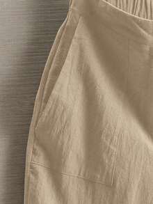 Pantalones de lino minimalistas casuales de unicolor para mujer, talla pequeña - Caqui - Ver 7