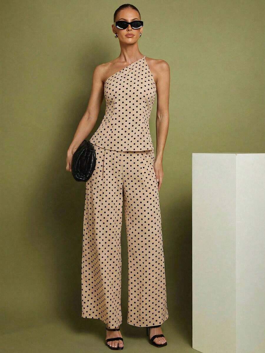 Set de 2 piezas de Top con hombros y pantalones a lunares para mujer, uso casual minimalista de todos los días - Albaricoque - Ver 1