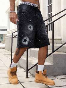 Pantalones cortos de mezclilla lavados con bordado de cruz de diamantes brillantes, de uso casual, de moda y para el transporte diario en verano para hombres - Negro 3 - Ver 1