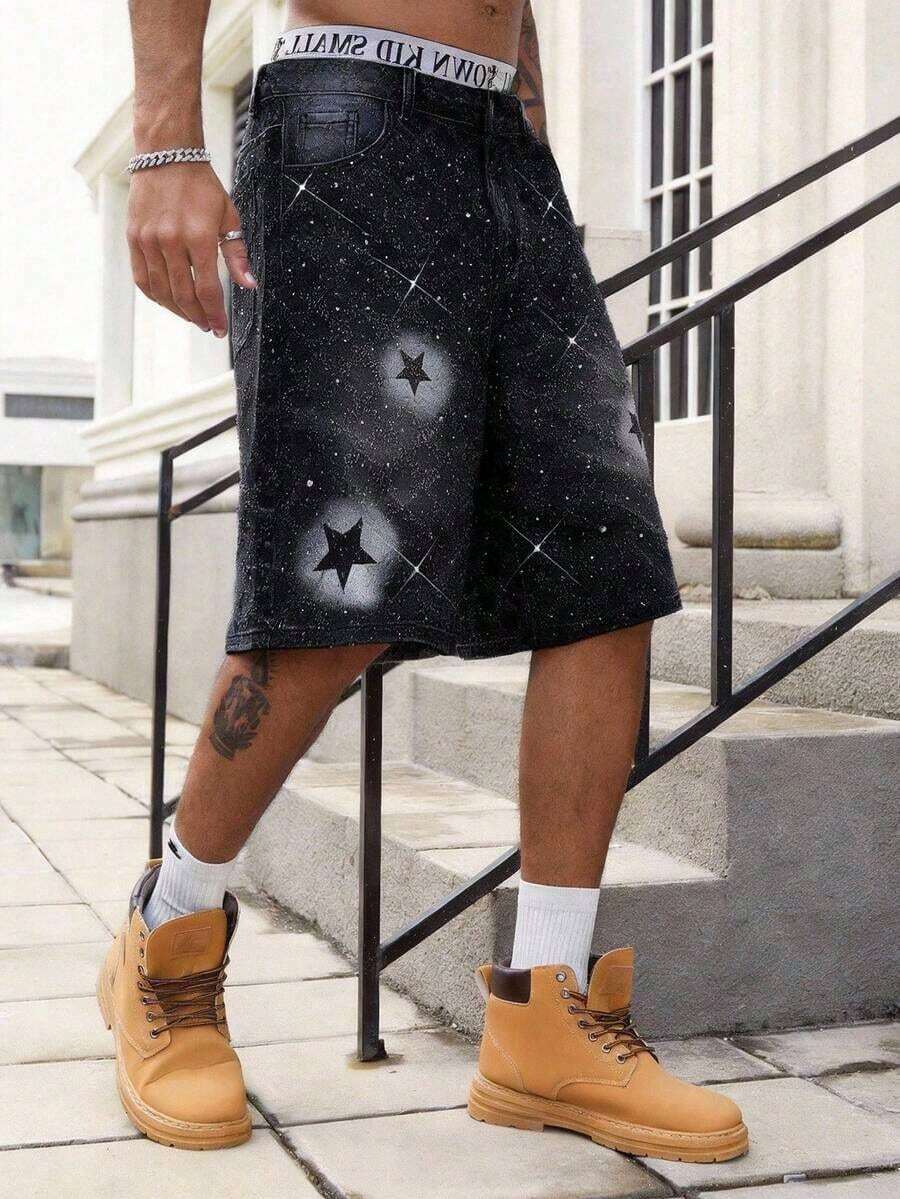Pantalones cortos de mezclilla lavados con bordado de cruz de diamantes brillantes, de uso casual, de moda y para el transporte diario en verano para hombres - Negro 3 - Ver 1