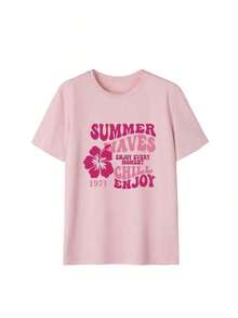 Set de 3 camisetas de manga corta con cuello redondo y estampado floral minimalista y elegante de verano, versátil para uso diario y casual para mujeres en color rosa - Gris Oscuro - Ver 8