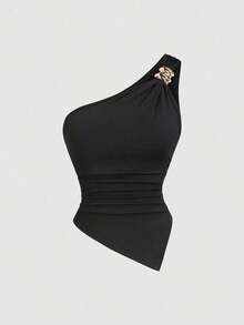 Blusa de unicolor minimalista con cuello asimétrico y hebilla de metal para mujer - Multicolor 8 - Ver 6