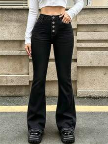 Jeans acampanados de talle medio con ajuste ceñido y elástico, con bolsillos laterales, pantalones estilizadores y elegantes para mujer - Negro - Ver 3