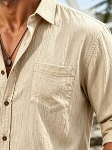 Mercer Haus Mens Summer Button Up Shirt, Wrinkle Textured Short Sleeve Casual Beach Shirt With Chest Pocket Lightweight Breathable Loose Fit Vacation Top - Beige - View 5