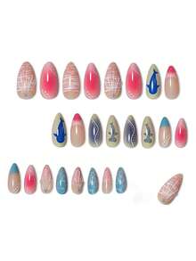 24pcs Cute Fish Striped Nail Stickers, Medium Oval Macaron Fake Nails, Vibrant Macaron Summer Style, Colorful Stripes Combined With Cartoon Fish Wave Pattern, Glossy Finish, Oval Fake Nails, Perfect For Women's Summer Beach Vacation, Daily Commute, Party Music Festival And Other Occasions! - Multicolor - View 3