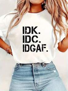 Elegant One-Piece Everyday T-Shirt For Women, With A Pretty And Interesting English Letter Print, Round Neck, Casual Sporty Short Sleeve Style For Spring And Summer, Chic And Fashionable T-Shirt For Women. - 白色 - 查看 1