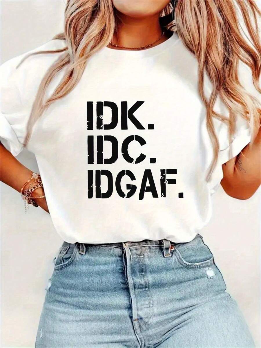 Elegant One-Piece Everyday T-Shirt For Women, With A Pretty And Interesting English Letter Print, Round Neck, Casual Sporty Short Sleeve Style For Spring And Summer, Chic And Fashionable T-Shirt For Women. - 白色 - 查看 1