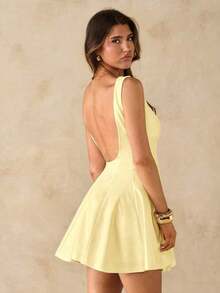 Vestido negro sólido, minimalista y sexy de corte evasé en tono burdeos para mujer, vestido para citas, vestido de dama de honor corto, vestido negro elegante para primavera/verano - Amarillo - Ver 2