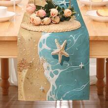 1pc Coastal Wave & Starfish Pattern Table Runner, Blue White Beige Patchwork, Fresh Ocean Style, Large Size, Suitable For Home Gatherings, Indoor/Outdoor Decor, Entryway, Coffee Table, Living Room Ambiance, Kitchen Dining, Holiday Nature Gift - Multicolor - View 7