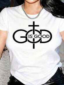 Camiseta Vintage para Mujer "God Is Good" con Cuello Redondo, Manga Corta, Diseño de Cruz, Estilo Casual, para Uso Diario, Moda Religiosa Cristiana - Blanco - Ver 6