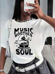 Camiseta Vintage de Manga Corta para Mujer con Estampado Musical - Cuello Redondo, Mezcla de Poliéster, Estampado Naranja Brillante "La Música Calma Mi Alma", Ligera y Lavable a Máquina, Adecuada para Primavera y Verano. - Blanco - Ver 7