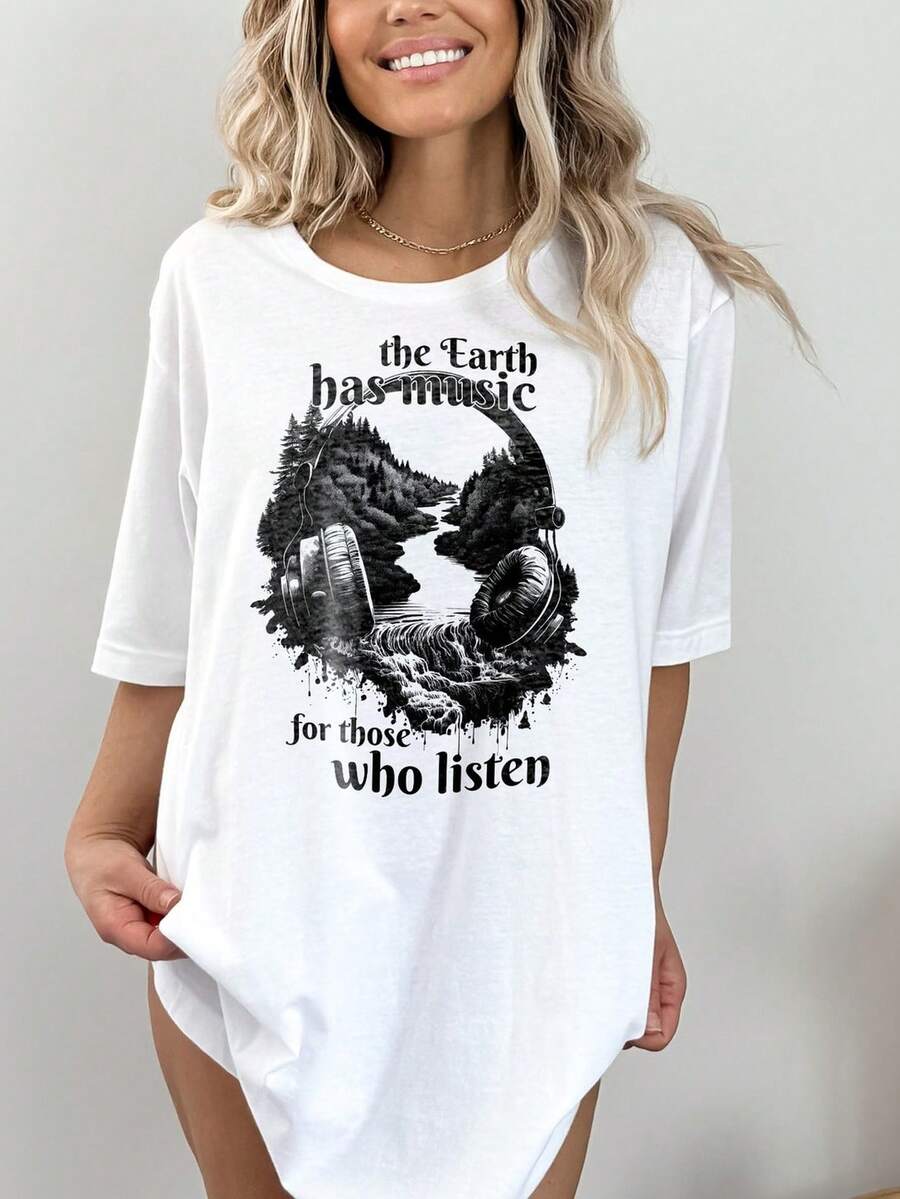 Camiseta "La Tierra tiene música", regalo para amantes de la naturaleza. Camiseta unisex de algodón puro de 220 g, peso ideal para todas las estaciones, apta tanto para hombres como para mujeres. Tejido duradero de alta calidad, suave al tacto y de larga duración. Parte superior transpirable. Adecuada para mujer en primavera y verano, vacaciones, Día de la Madre, Día de la Independencia. - Blanco - Ver 1