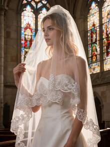 Velo de novia de catedral de 118 pulgadas con 1 capa, decoración floral y ribete de encaje, elegante accesorio de boda y fiesta nupcial de largo - Blanco - Ver 1