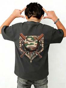 Camiseta de manga corta con cuello redondo y estampado gráfico informal para niño, top de verano - Negro - Ver 2