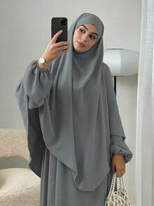 3件組 Khimar+Abaya 柔軟穆斯林祈禱服裝，長款 Abaya 配搭同色系頭巾，休閒外出必備時尚單品 (頭巾+洋裝+腰帶) 祈禱吉爾巴布 - 彩色 - 查看 3