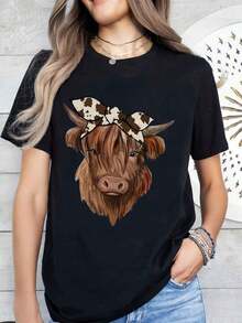 Highland Cattle Women's Clothing Short Sleeve Cotton T-Shirt With Round Neck, Casual Shirt, Women's Shirts - 黑色 - 查看 6