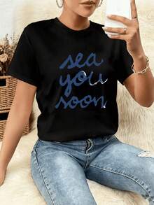 Camiseta unisex de manga corta, para mujer Camiseta Informal Corto Manga Tripulación Cuello Océano Tema Imprimir Mar Tú Próximamente Diseño Dopamina Color Suave Transpirable Doble Cepillado Leche Tela Suelto Ajuste Inicio Desgaste Adecuado para Diario Verano Desgaste Moda Deportivo Versátil Fiesta Diversión De moda Playa Estilo Alplayeras hombre, , ,  mujer,romwe hombres, boho chic,maestras regalos,camiseta para conjuntos de mujer con curvas para mu,y2k, - Negro - Ver 6