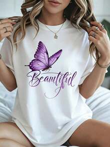 Hermosa Camiseta con Estampado de Mariposas para Mujer, Ropa Casual de Verano, Color Blanco con Mariposa Morada y Diseño Elegante, Perfecta para Atuendos Diarios e Ideas de Regalo - Blanco - Ver 8