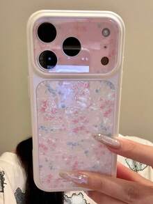 美學粉色花卉貝殼圖案手機殼，適用於 iPhone 17 Pro Max、17 Pro、17、16 Pro Max、16 Pro、16、15、14 Pro Max，可愛花朵防震後蓋 - 粉紅藍碎花 - 查看 3