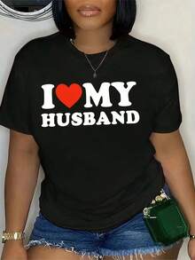 Camiseta con Estampado Vibrante "Amo a Mi Esposo" - Cuello Redondo Casual, Manga Corta para Mujer |   Poliéster suave, no transparente |   Perfect For SummerCamiseta Algodón - Negro - Ver 1