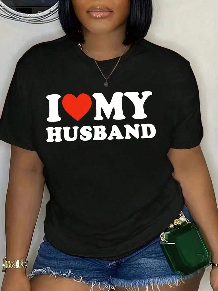 Camiseta con Estampado Vibrante "Amo a Mi Esposo" - Cuello Redondo Casual, Manga Corta para Mujer | Poliéster suave, no transparente | Perfect For SummerCamiseta Algodón - Negro - Ver 1