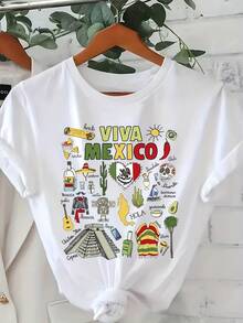 Disfraz de Halloween para hombre, estampado con motivos culturales mexicanos, cuello redondo, 100% algodón, ropa casual para todas las estaciones, estilo mexicano, personalizado, confeccionado con tejido de punto de ligera elasticidad, adecuado para uso casual de fin de semana y lavable a máquina, una opción práctica para uso diario - Camiseta de algodón puro para mujer 180G, playera de hombre, camiseta estilo Twilight Y2k. - Negro - Ver 2