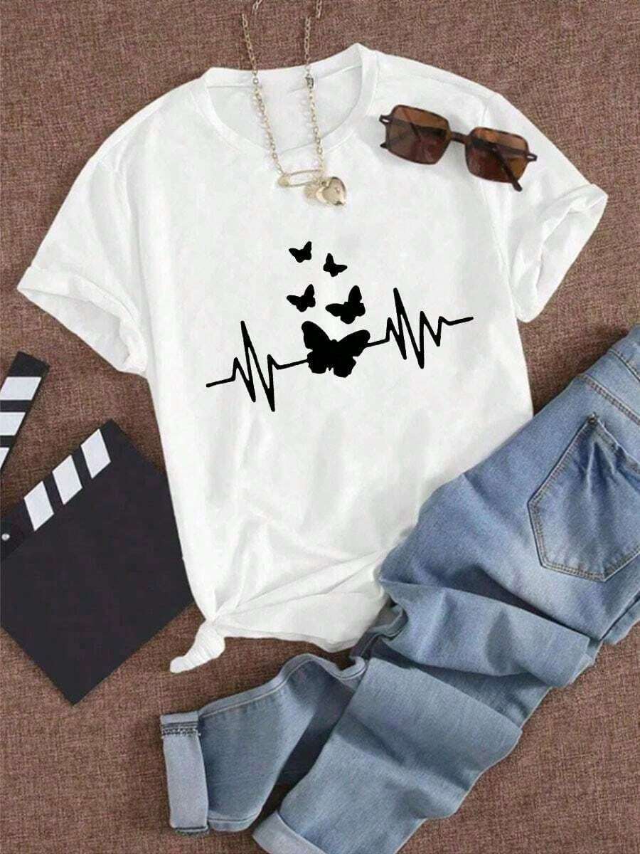 Camiseta suelta de mujer con estampado de mariposa en línea - Blanco - Ver 1