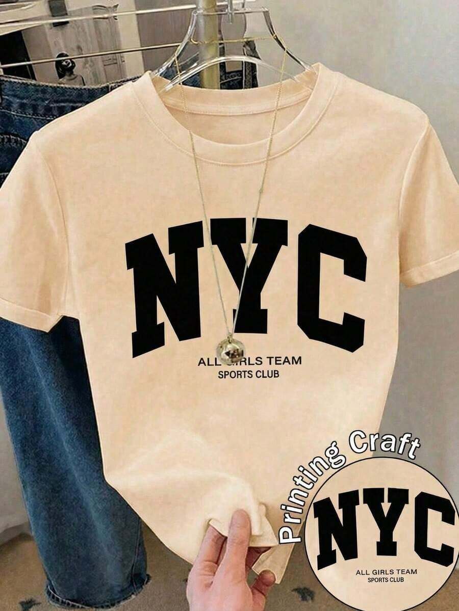 Soft 100% Cotton T-Shirt, Casual Women's T-Shirt With New York Graphic Print, Short Sleeve, Round Neck, Regular Fit, Streetwear Top With Slight Elasticity, Breathable Cotton T-Shirt, Goes With Everything, Great. - 杏色 - 查看 1