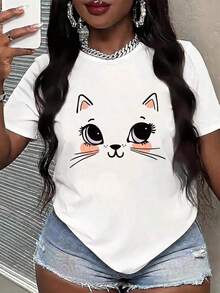 Soft 100% Cotton T-Shirt, Women's Short Sleeve White Casual T-Shirt, Round Neck, Regular Length, Cat Print, Breathable Cotton T-Shirt, Goes With Everything, Great. - 白色1 - 查看 3