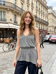 Camisole sans manches à rayures avec ourlet asymétrique pour femmes - Débardeur décontracté ajusté à la taille, convient pour le port quotidien décontracté en été - Gris - Voir 2