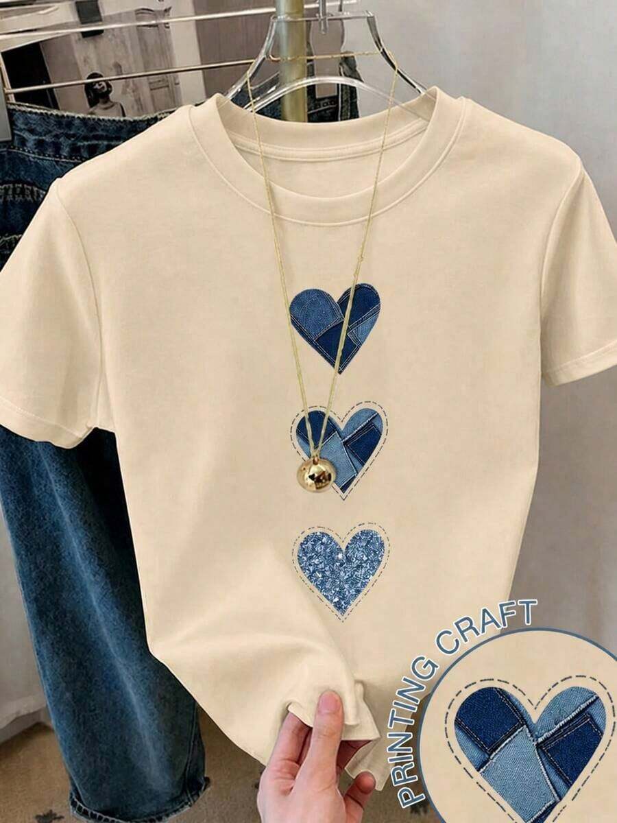Camiseta con estampado de camisa casual para mujer, manga corta y cuello redondo, moda urbana local de primavera/verano.-Vintage Street Style Unisexoose Cotton Short Sleeve Crew Neck T-Shirt - Albaricoque - Ver 1
