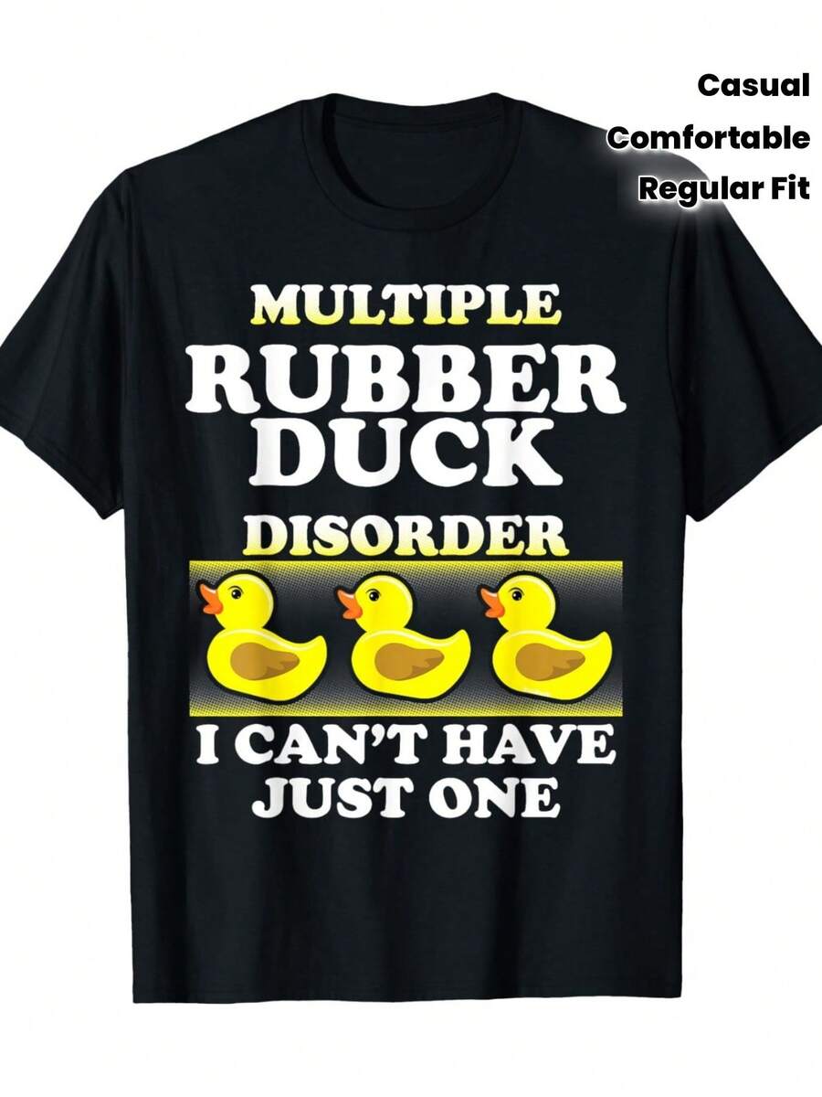 4-Pack Funny T-Shirts With Rubber Duck Graphics - Slogans "Multiple Rubber Duck Disorder" And "Can't Have Just One", Casual Short Sleeve Crew Neck Comfortable Fit Cotton Tees With Yellow Duck Print, All Season Wear, Ideal Gift For Birthdays, Christmas, Parties And Everyday Wear (Black With White Duck Design) - Machine Washable, Durable Heat Transfer Print, Humorous Rubber Duck Theme - 黑色 - 查看 1