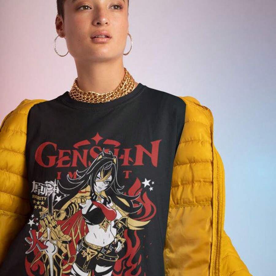 Camiseta unisex Dehya G1enshin Impact Aesthetic Anime VapoR1Wave Heavy Cotton T1EE de 220 g, de algodón puro, manga corta, tejido grueso, resistente a las arrugas y que no se deforma fácilmente. Estilo sencillo y versátil, ligero y transpirable, perfecto para ir al trabajo, viajar, acampar, ir de compras y para el tiempo libre diario. - Negro - Ver 1