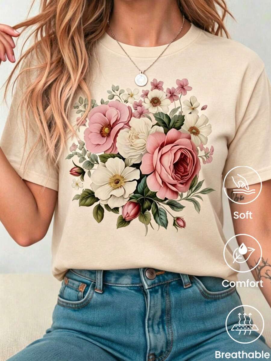 180 g Hecho en México, Moda Primavera/Verano 2026 Camiseta de manga corta, Estampado de dibujos animados, Estilo para parejas, Ropa interior/exterior, Cuello redondo informal para la oficina, Top unisex de una pieza - Albaricoque - Ver 1
