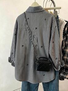 Blusa de mujer, estampado de rayas de fresa, diseño fresco y ligero, camisa estilo Ins, blusas de mujer holgadas de manga larga casual de doble uso, regalo para la mejor amiga y la novia, otoño/invierno, graduación, maestras, vuelta al cole - Negro - Ver 2
