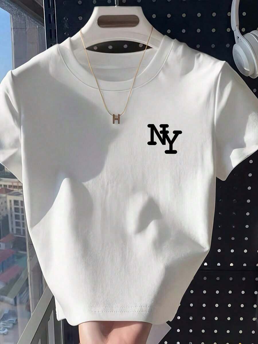 Nueva camiseta corta blanca casual de verano, estilo sexy, nuevo modelo de verano, camiseta de manga corta, camiseta corta estampada, ropa casual versátil para mujer - Camiseta unisex de algodón holgada de manga corta y cuello redondo estilo vintage urbano. - Blanco - Ver 1