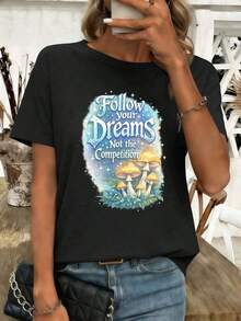 Camiseta estampada de setas de ensue?o para mujer, 100% algodón, cuello redondo, corte holgado, cómoda, informal. Blusas Bonito 100% Algodón - Negro - Ver 1