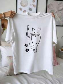 Camiseta Holgada Sencilla Mujer Estilo Moderno Casual Women s Knitted Fabric Short Sleeve Round Neck Regular Length T-Shirt with Butterfly Print Camiseta Mujer Estampado Gráfico  Verano 2026 - Blanco - Ver 3