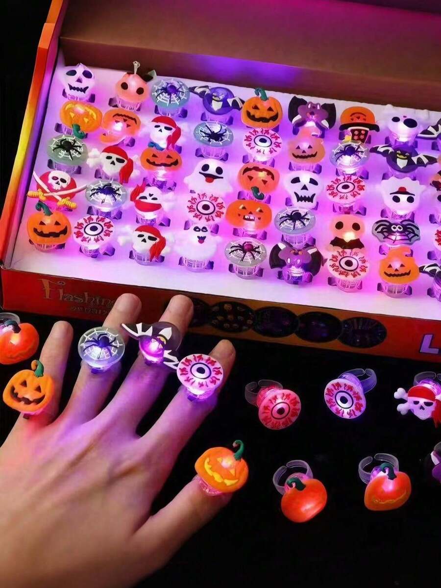 50/30/1pc Halloween Glow Rings, Glow Props, Night Light, Birthday, Halloween Party Gifts Decoration Adult Products, Flashing Finger Rubber Rings, Multiple Styles: Ghost, Pumpkin, Skull, Spider, Bat, Glow Decorations, Flashing Finger LED Rings, Flashing Jelly Rubber Rings - Multicolor - View 1