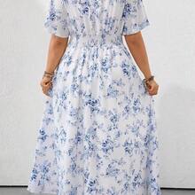 Clasi Loose V-Neck Batwing Sleeve Blue & White Ceramic Print Casual Holiday Plus Size Dress - Rosa - Ver 3