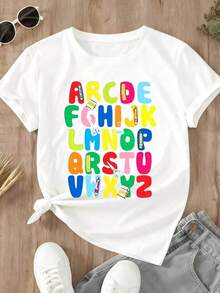 Camiseta con Letras del Alfabeto Coloridas y Artículos Escolares para Niños y Adultos, Diseño Educativo y Divertido - Blanco - Ver 2
