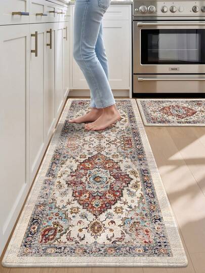 1pc Vintage Persian Floral Long Kitchen Floor Mat, Suitable For Bathroom, Kitchen, Outdoor, Indoor, Bedroom, Living Room, Entrance, Anti-Slip, Washable, Easy To Clean, Decorative Japanese Style Bathroom Decor Essential, Outdoor Decorative Carpet Mat