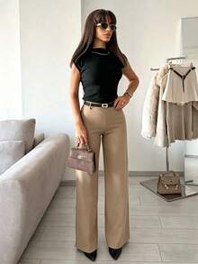 SMILE CHI 2026 Spring/Summer New Women's Casual Elastic Straight-Leg Pants, Versatile, Flattering, Breathable & Comfortable Fabric, Suitable For Commuting, Office Wear (Belt Not Included) - Khaki - View 4