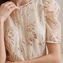 Women Elegant Floral Lace Patchwork Sequins Rope Embroidered Round Neck Short Sleeve Dress - Blanco - Ver 3