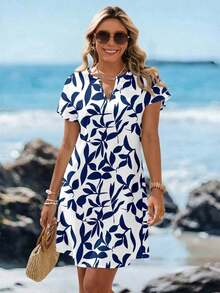 Vestido corto minimalista casual con cuello en V, adecuado para primavera y verano, ropa de verano para mujer, a rayas de colores, ropa de resort para mujer - Multicolor 11 - Ver 5