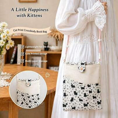 Túi đeo chéo in hình mèo đen dễ thương, túi đeo vai bằng vải canvas thẩm mỹ với nhiều ngăn, túi sách hình mèo phong cách Cottagecore để sử dụng hàng ngày.