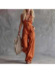 Sleeveless Linen Jumpsuit With V-Neck And Front Buttons, Modern Casual Western Style, New 2026 Collection - 橘色 - 查看 3