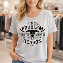 Camiseta de Algodón para Mujer, Tallas Grandes, M-5XL, Estampado Gráfico "Si yo soy el problema, entonces tú podrías ser la razón", Manga Corta, Corte Holgado Casual, Cuello Redondo, Camiseta Suave y Cómoda para Uso Diario, Negra - Gris Claro - Ver 1
